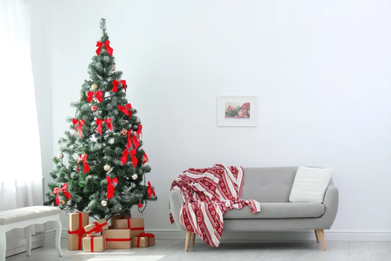 Decorated Christmas tree in a living room.