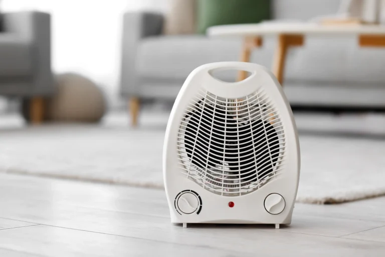 Portable electric fan heater on a living room floor.